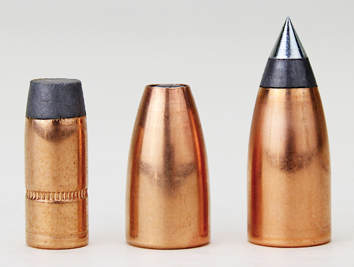 Numbered among Northern Precision’s custom bullets are (left to right): a 200-grain .338 flat-tip, a 300-grain .458 roundnose flat-tip and a 350- grain .452 pin point for smokeless muzzleloaders.